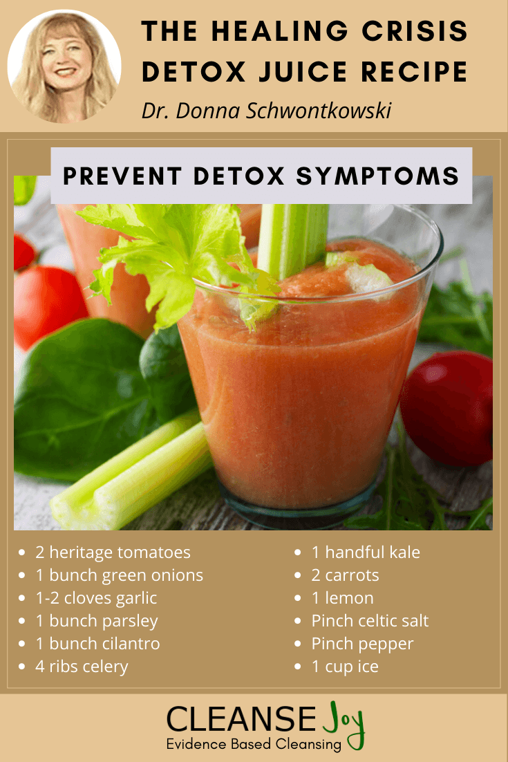 The Healing Crisis Detox Juice recipe: A special juice recipe you can make that may help you prevent healing crisis and detox symptoms. Drinking 12 ounces of this juice can also help you detox gently before you start your parasite or candida cleanse.